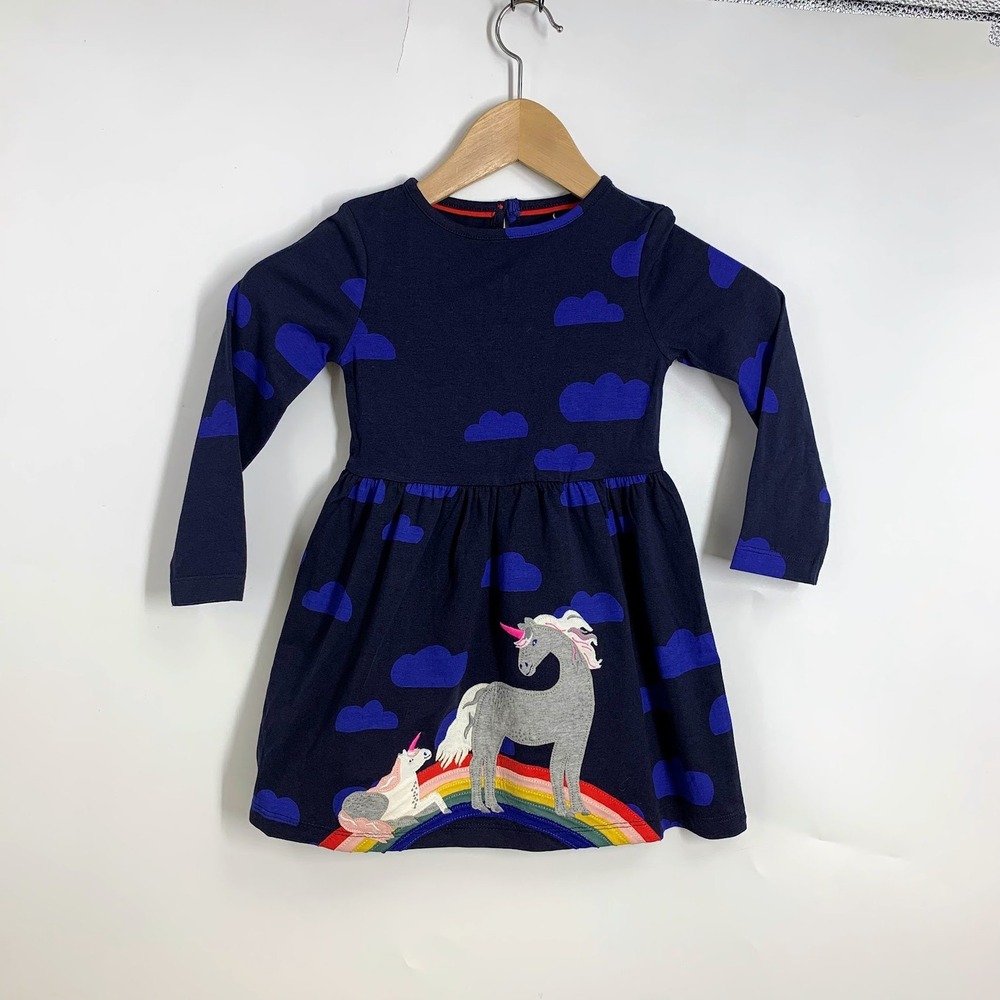Mini Boden Girls Unicorn Rainbow Cloud Long Sleeve‎ Dress Kids Size 2-3Y